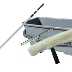 Telescopic pole, bucket and washer from a window cleaning kit